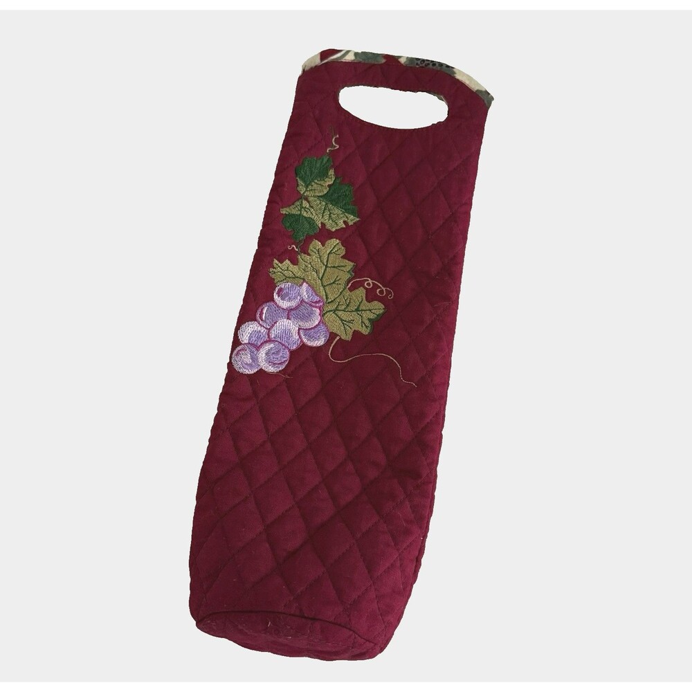Bottle Wine Carrier Bag Quilted Handmade Vino Embroidered Grapes Handles 2 Ply